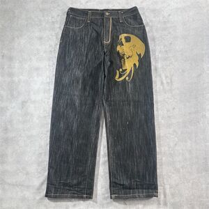 Y2K Akcess grunge Skull Chain Baggy Distressed Black Jeans Size 36x34
